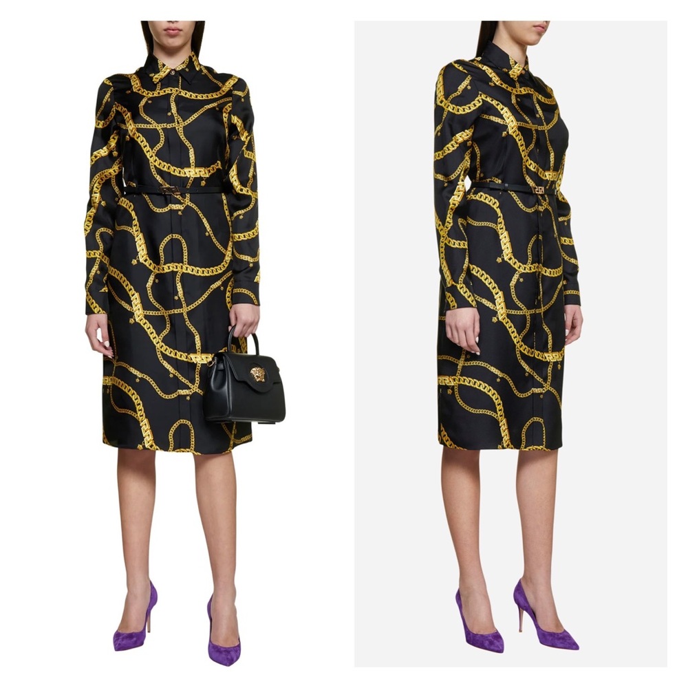 New! VERSACE Greca Chain Medusa Logo Belted Shirt Midi Dress IT 38 - Picture 3 of 12